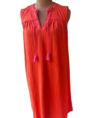 Boden Nadine Notch Cotton Dress Coral Orange Pink Tassels – 2R